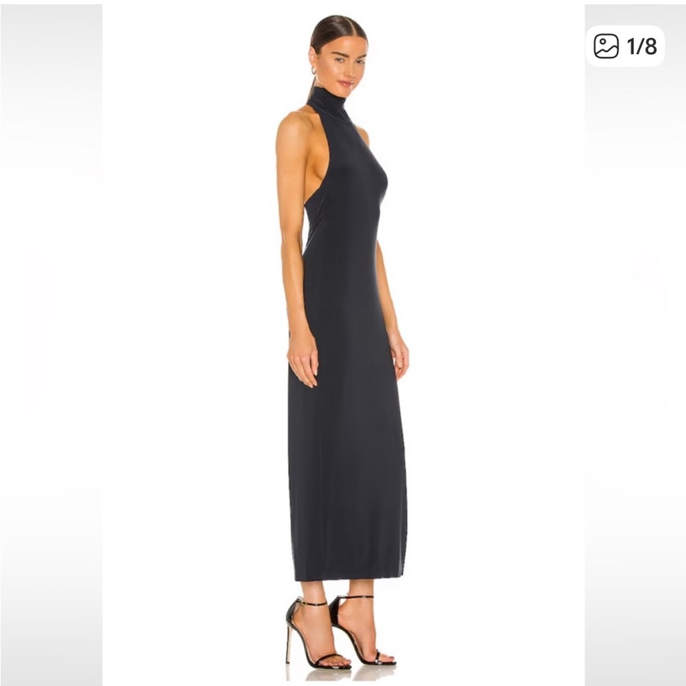 Norma Kamali halter turtle side slit gown small pewter (black)